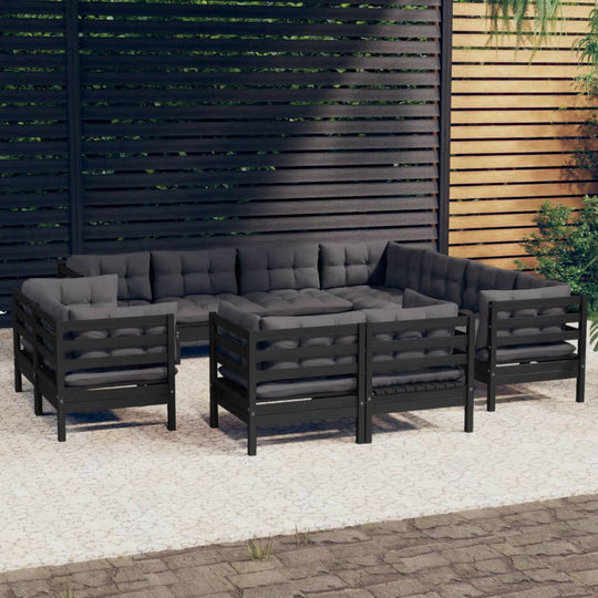 11 Piece Garden Lounge Set with Cushions Black Solid Pinewood