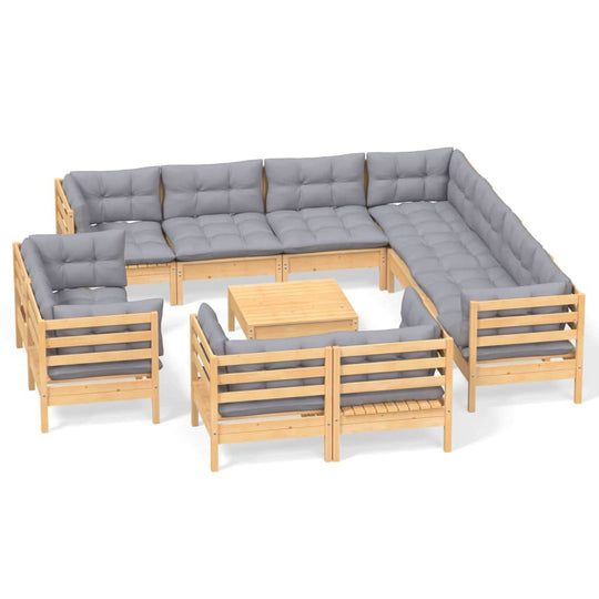 12 Piece Garden Lounge Set with Grey Cushions Solid Pinewood