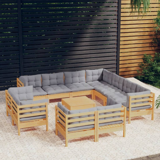 12 Piece Garden Lounge Set with Grey Cushions Solid Pinewood