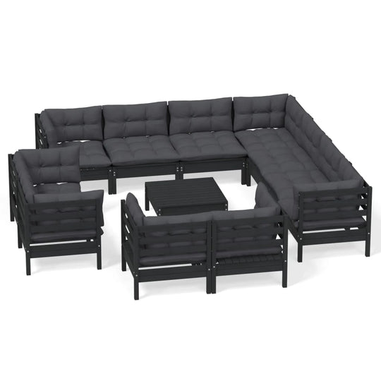 12 Piece Garden Lounge Set with Cushions Black Solid Pinewood