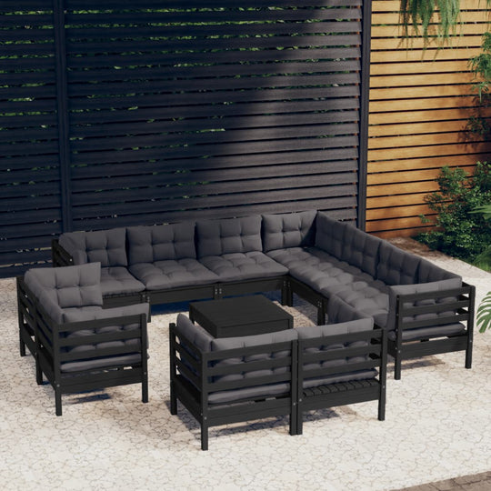 12 Piece Garden Lounge Set with Cushions Black Solid Pinewood