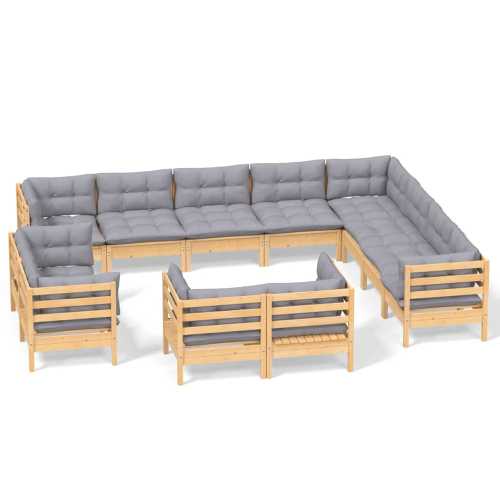 12 Piece Garden Lounge Set with Grey Cushions Solid Pinewood