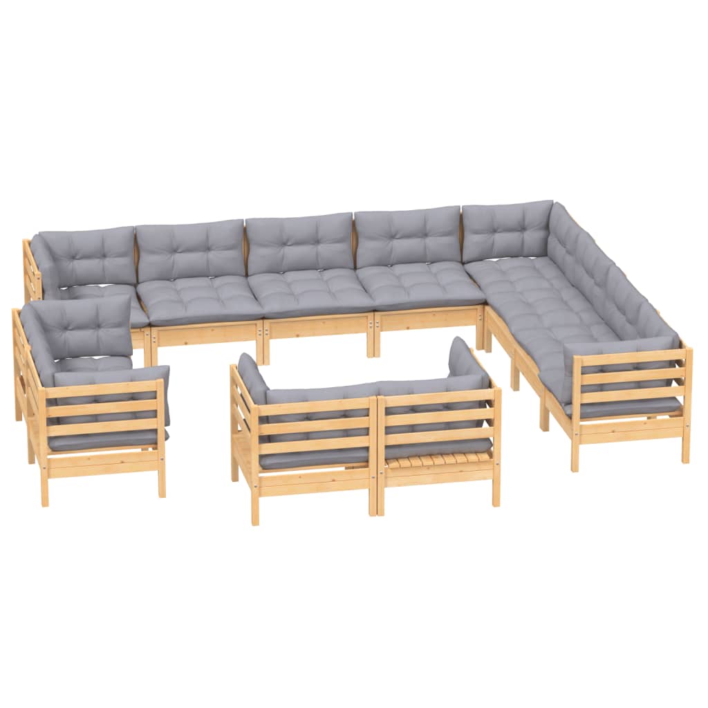 12 Piece Garden Lounge Set with Grey Cushions Solid Pinewood