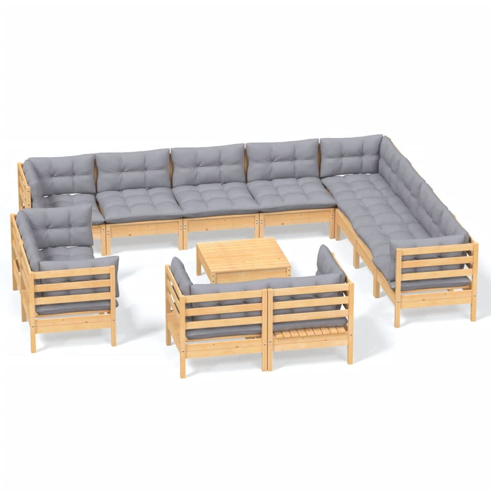 13 Piece Garden Lounge Set with Grey Cushions Solid Pinewood