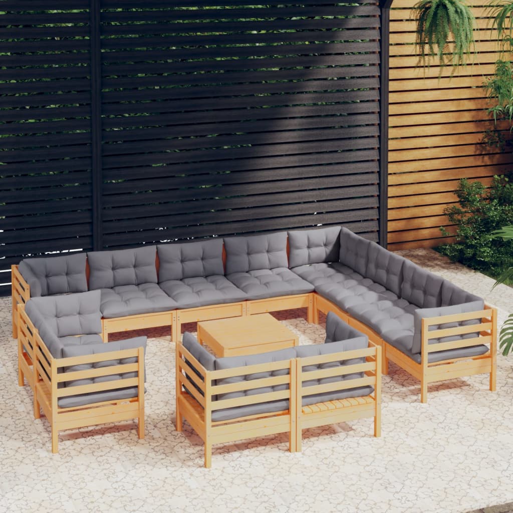 13 Piece Garden Lounge Set with Grey Cushions Solid Pinewood