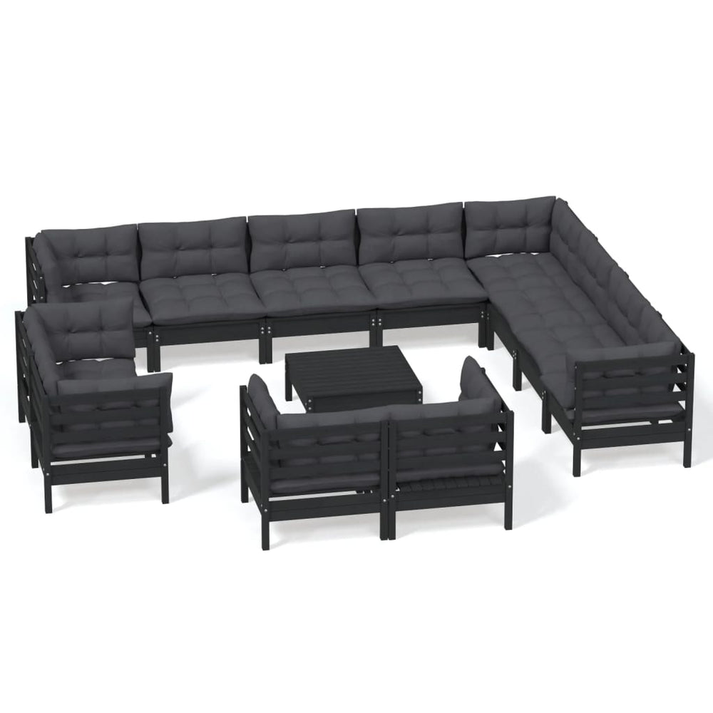 13 Piece Garden Lounge Set with Cushions Black Solid Pinewood