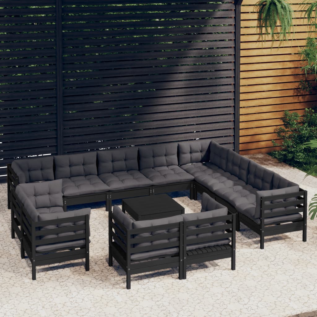 13 Piece Garden Lounge Set with Cushions Black Solid Pinewood