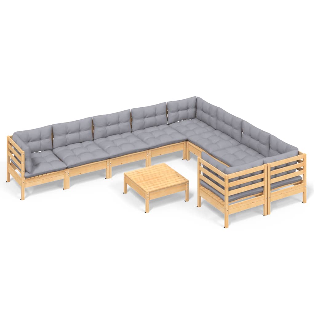 10 Piece Garden Lounge Set with Grey Cushions Pinewood