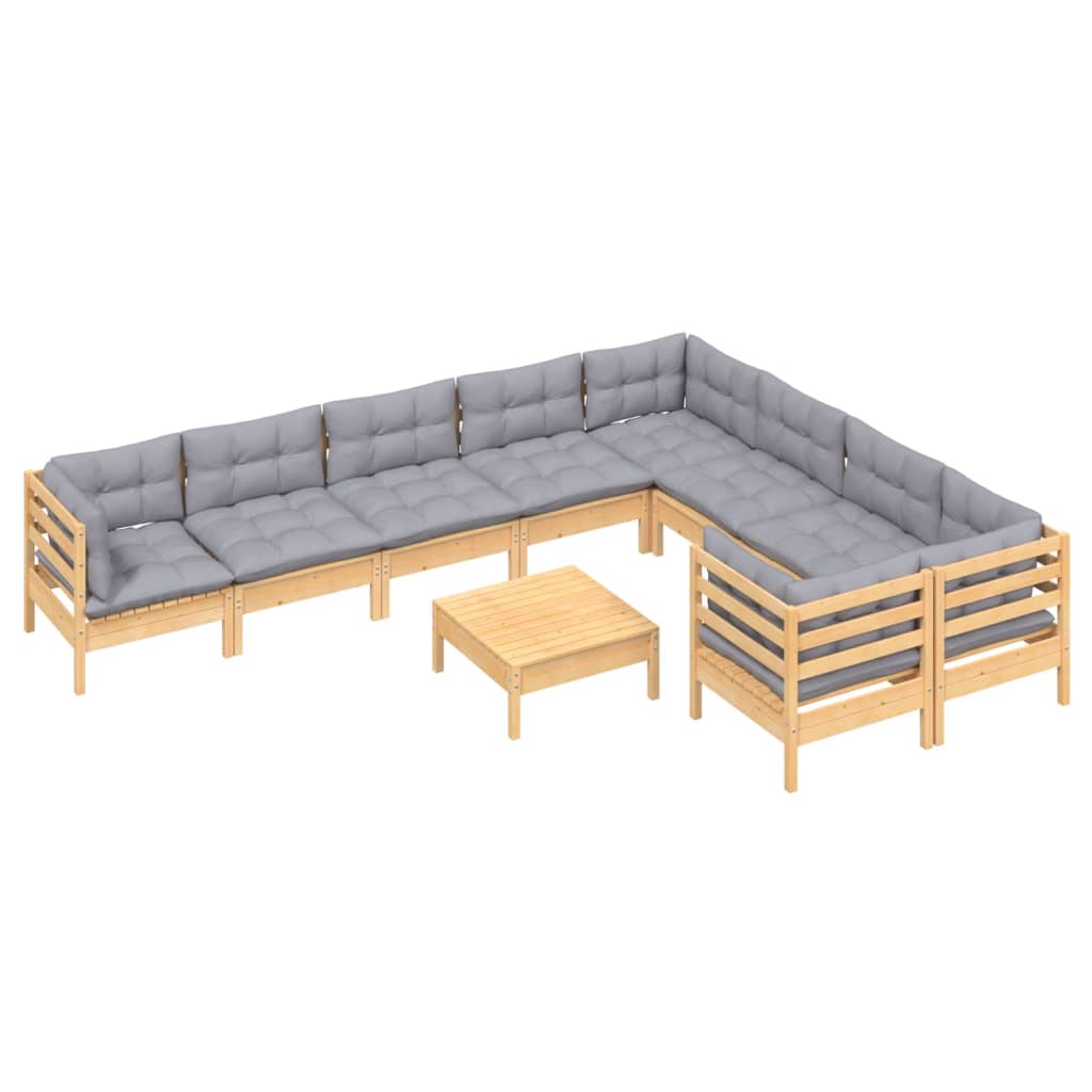 10 Piece Garden Lounge Set with Grey Cushions Pinewood