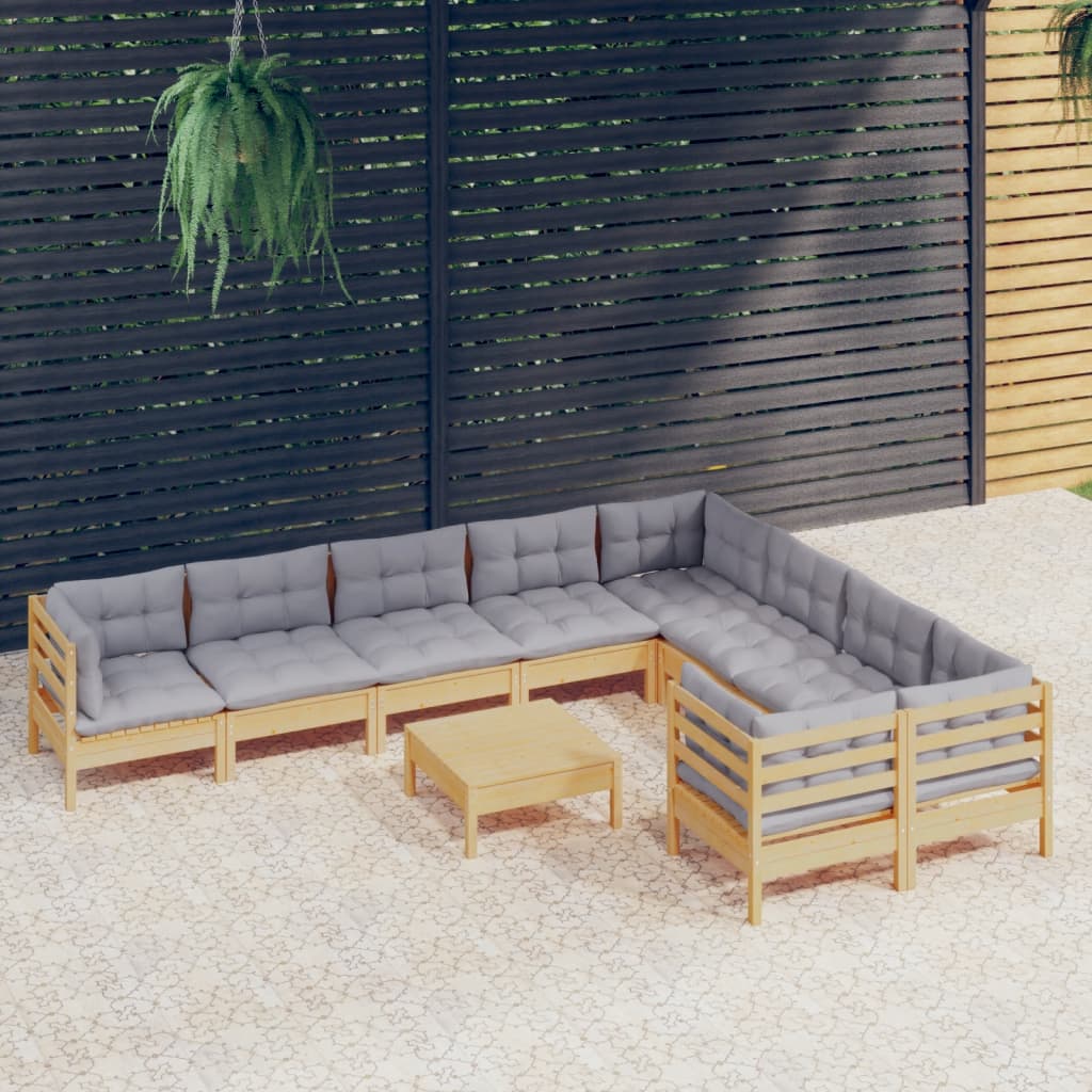 10 Piece Garden Lounge Set with Grey Cushions Pinewood