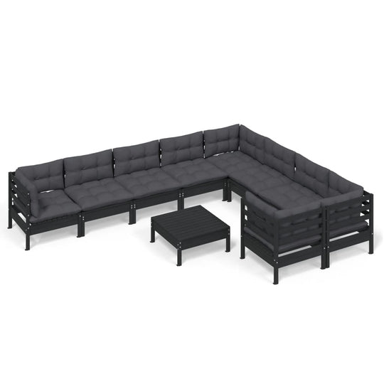 10 Piece Garden Lounge Set with Cushions Black Pinewood