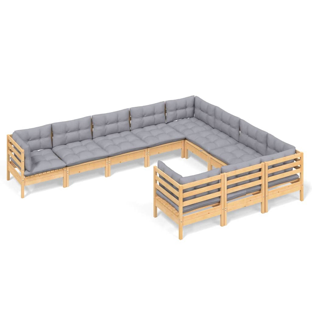 10 Piece Garden Lounge Set with Grey Cushions Pinewood