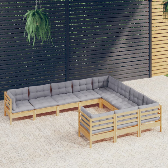 10 Piece Garden Lounge Set with Grey Cushions Pinewood