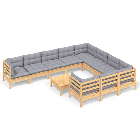 11 Piece Garden Lounge Set with Grey Cushions Pinewood