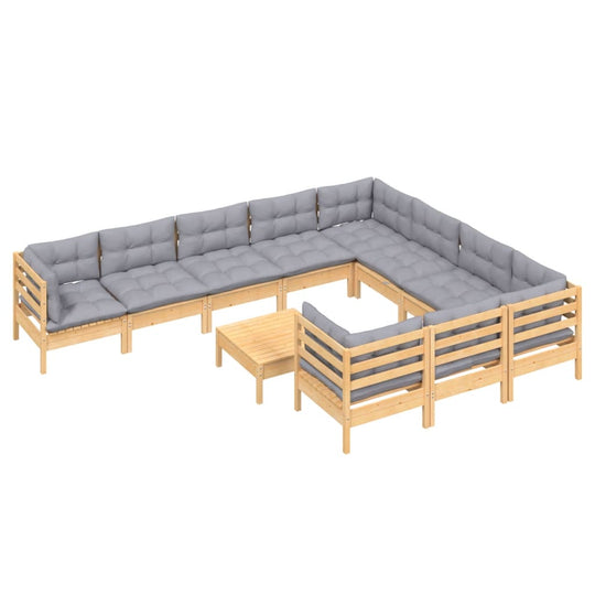 11 Piece Garden Lounge Set with Grey Cushions Pinewood