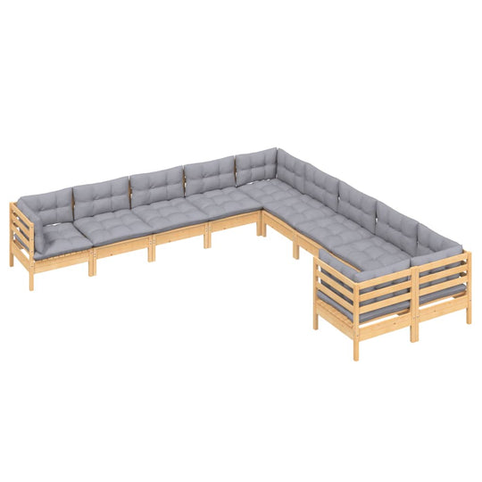 10 Piece Garden Lounge Set with Grey Cushions Pinewood