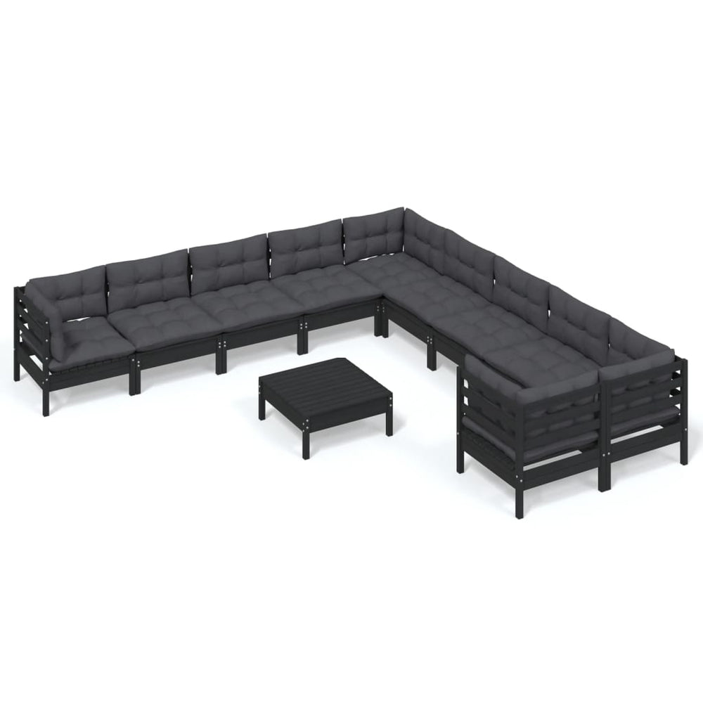 11 Piece Garden Lounge Set with Cushions Black Pinewood