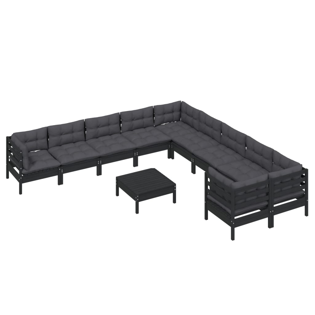 11 Piece Garden Lounge Set with Cushions Black Pinewood