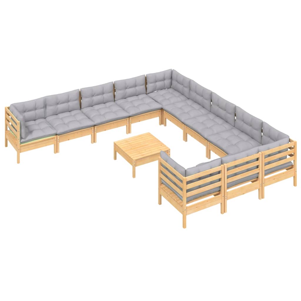 12 Piece Garden Lounge Set with Grey Cushions Pinewood