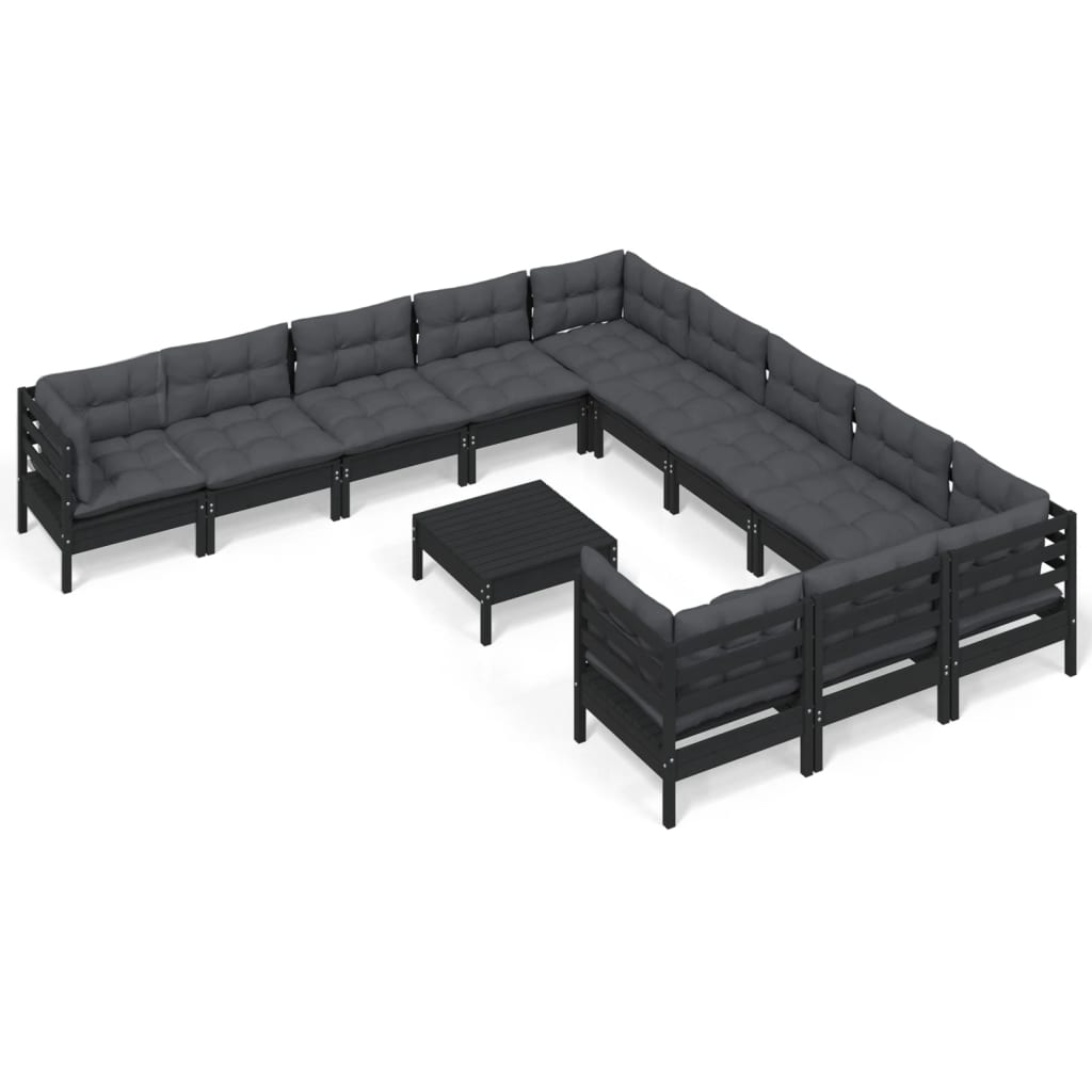 12 Piece Garden Lounge Set with Cushions Black Pinewood