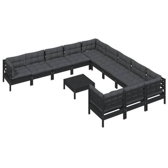 12 Piece Garden Lounge Set with Cushions Black Pinewood