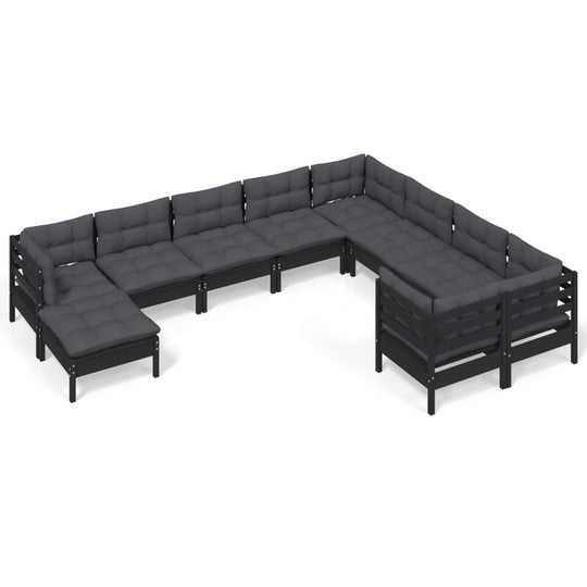 10 Piece Garden Lounge Set with Cushions Black Pinewood