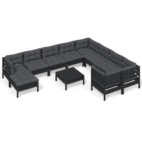 11 Piece Garden Lounge Set with Cushions Black Pinewood