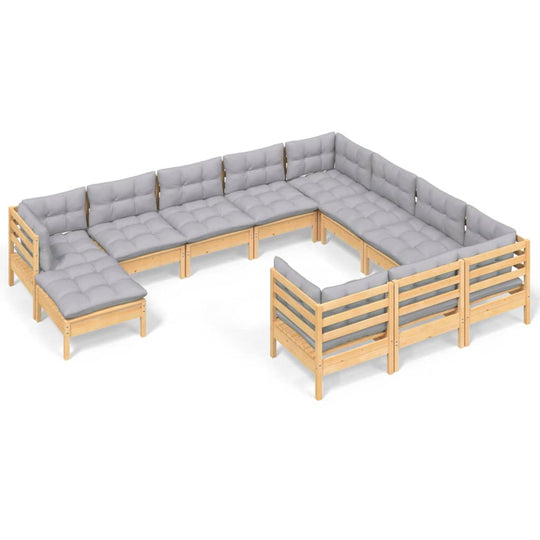 11 Piece Garden Lounge Set with Grey Cushions Pinewood