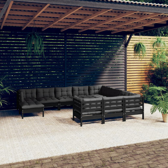 11 Piece Garden Lounge Set with Cushions Black Pinewood