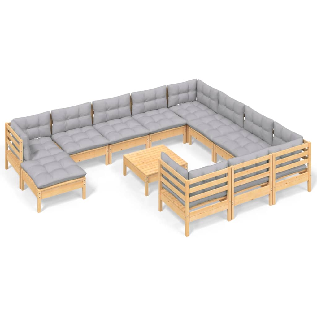 12 Piece Garden Lounge Set with Grey Cushions Pinewood