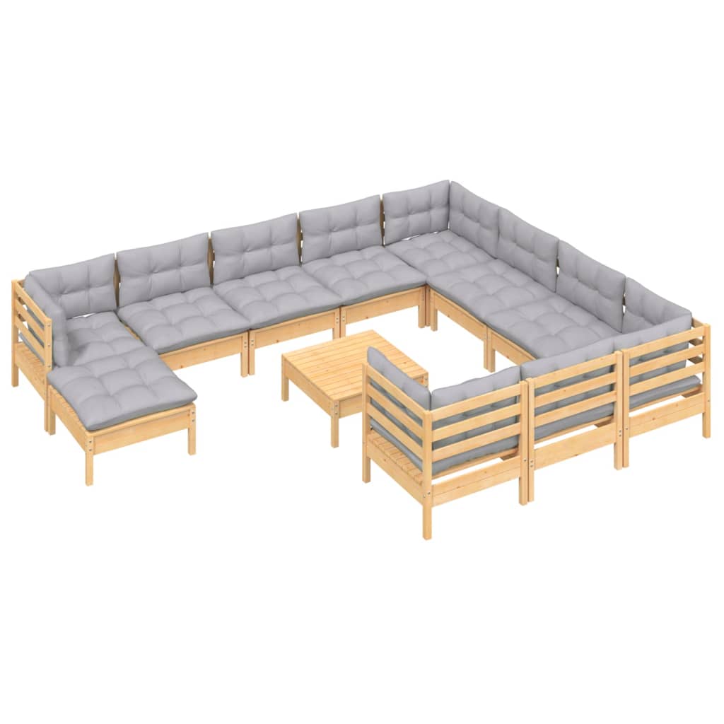 12 Piece Garden Lounge Set with Grey Cushions Pinewood