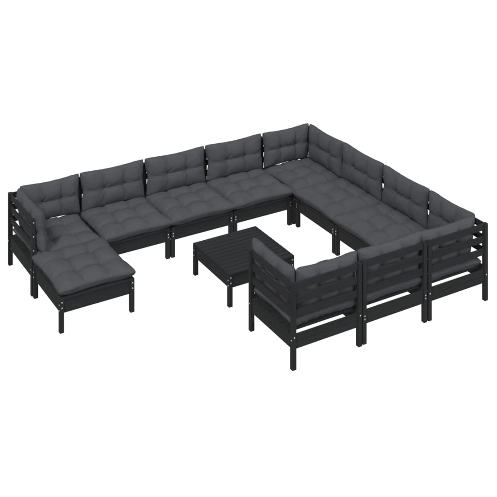 12 Piece Garden Lounge Set with Cushions Black Pinewood