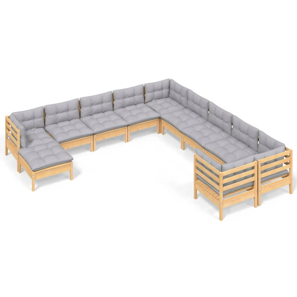 11 Piece Garden Lounge Set with Grey Cushions Pinewood