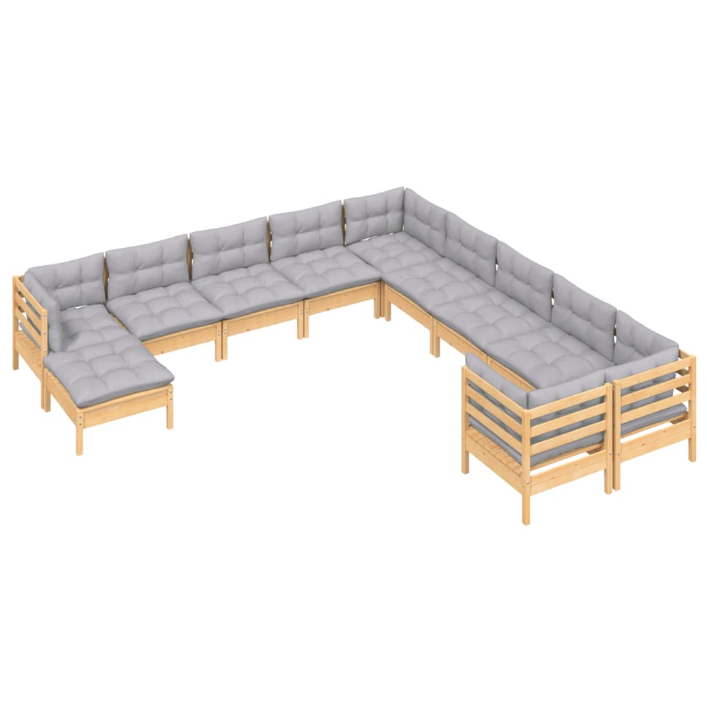 11 Piece Garden Lounge Set with Grey Cushions Pinewood