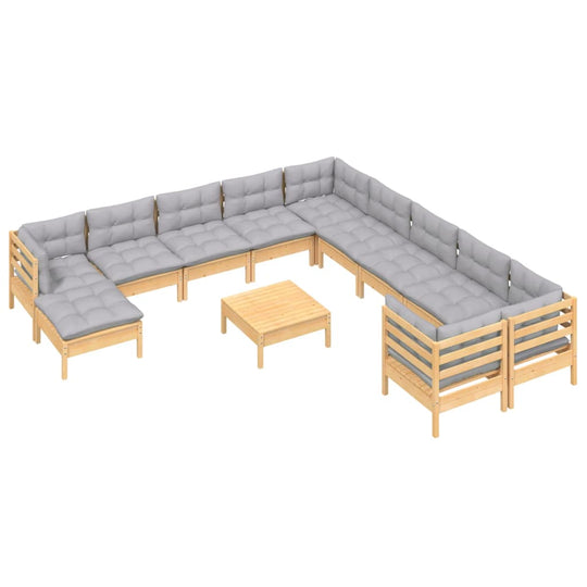 12 Piece Garden Lounge Set with Grey Cushions Pinewood