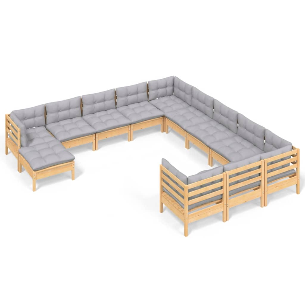 12 Piece Garden Lounge Set with Grey Cushions Pinewood