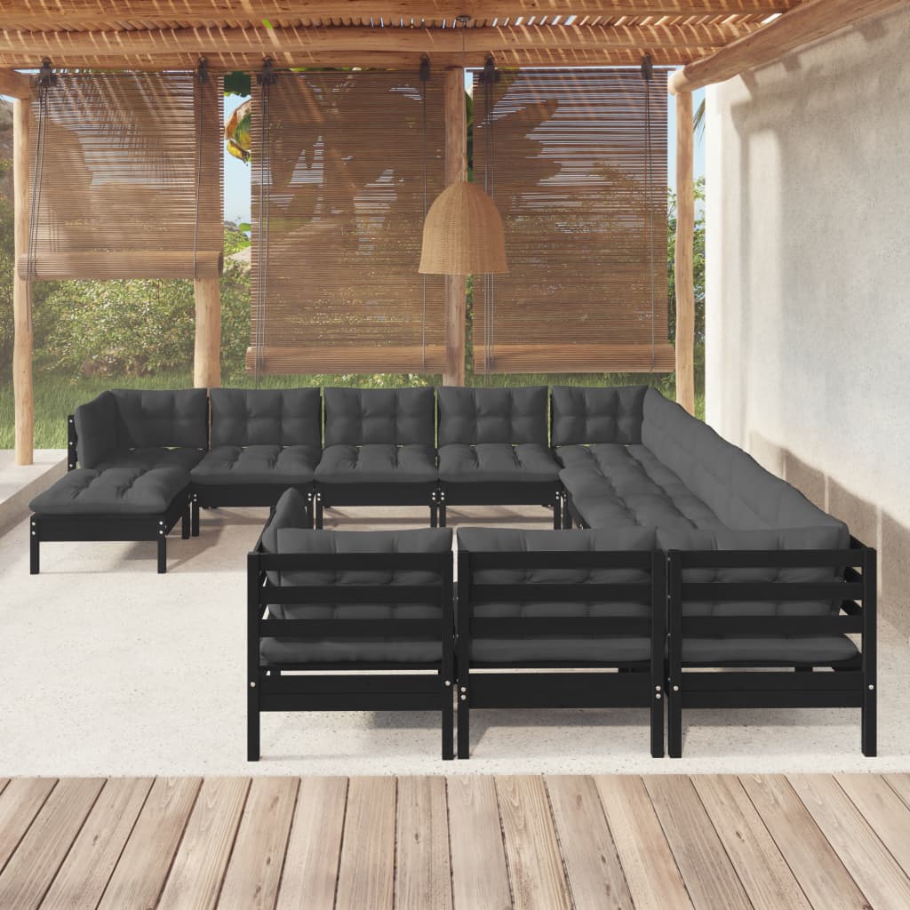 12 Piece Garden Lounge Set with Cushions Black Pinewood