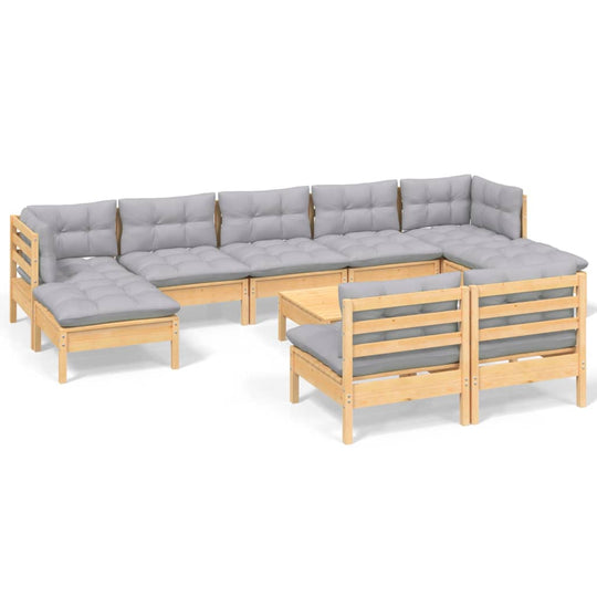 10 Piece Garden Lounge Set with Grey Cushions Pinewood