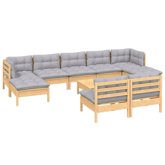 10 Piece Garden Lounge Set with Grey Cushions Pinewood