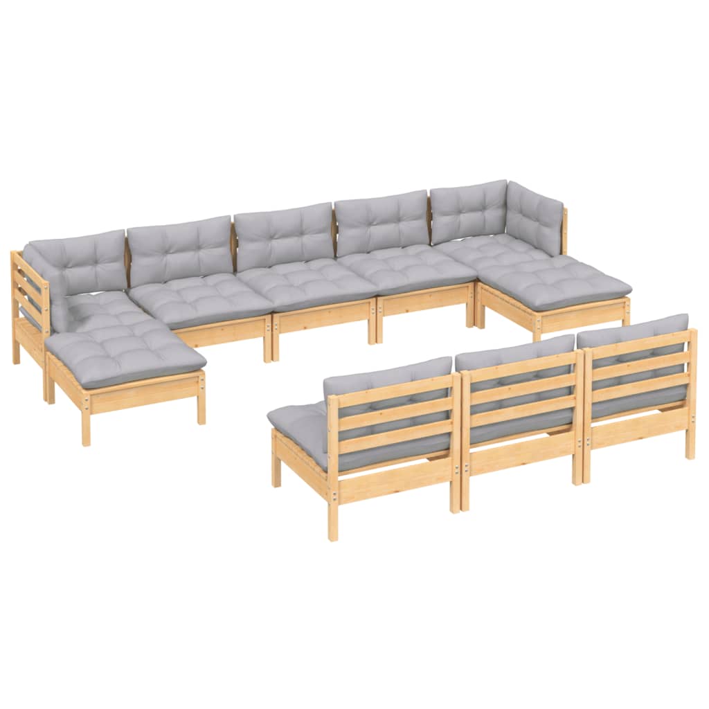 10 Piece Garden Lounge Set with Grey Cushions Pinewood