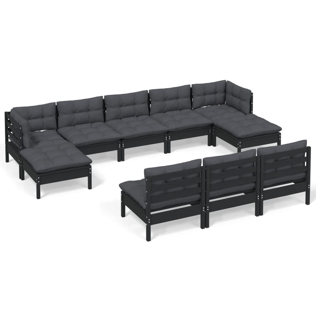 10 Piece Garden Lounge Set with Cushions Black Pinewood