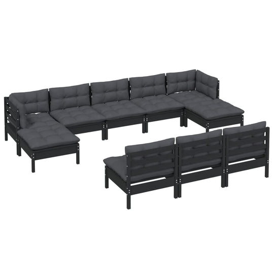 10 Piece Garden Lounge Set with Cushions Black Pinewood