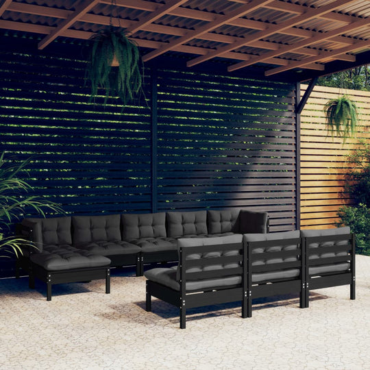 10 Piece Garden Lounge Set with Cushions Black Pinewood