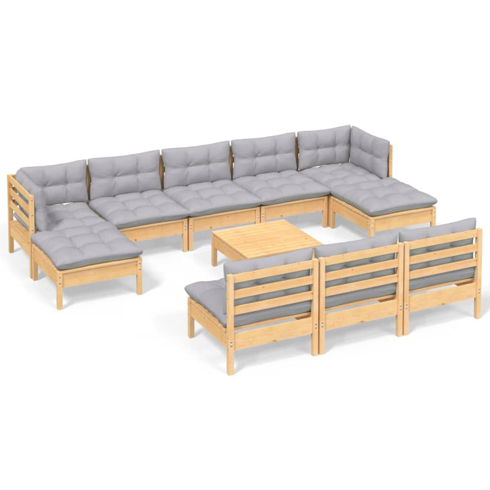 11 Piece Garden Lounge Set with Grey Cushions Pinewood