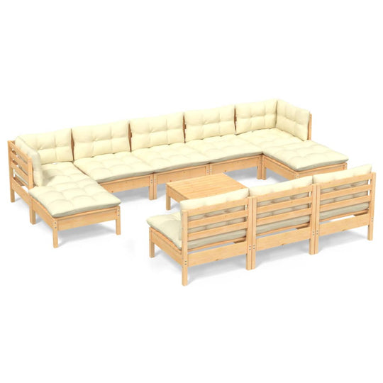 11 Piece Garden Lounge Set with Cream Cushions Pinewood