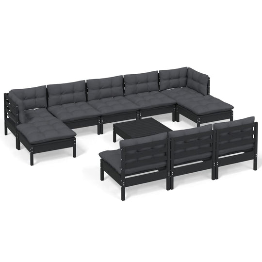 11 Piece Garden Lounge Set with Cushions Black Pinewood