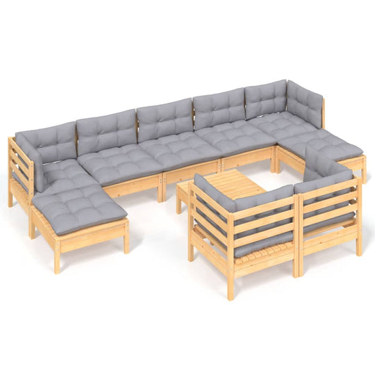 10 Piece Garden Lounge Set with Grey Cushions Solid Pinewood