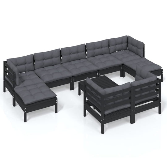 10 Piece Garden Lounge Set with Cushions Black Solid Pinewood