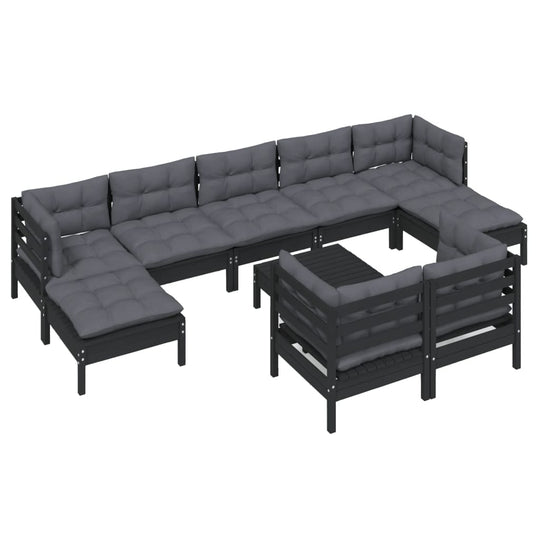 10 Piece Garden Lounge Set with Cushions Black Solid Pinewood