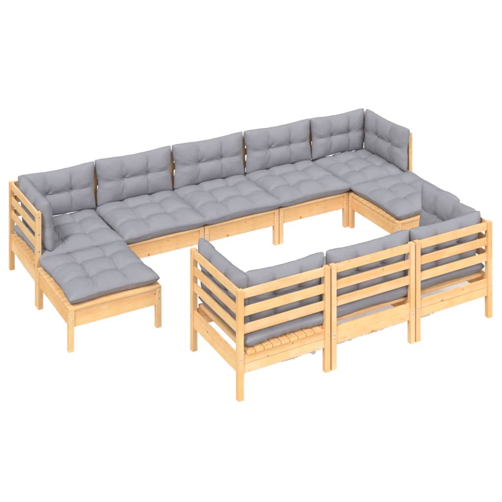 10 Piece Garden Lounge Set with Grey Cushions Solid Pinewood